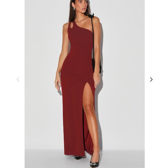 Burgundy One Shoulder Side Cutout Maxi Dress - Picture 2 of 3